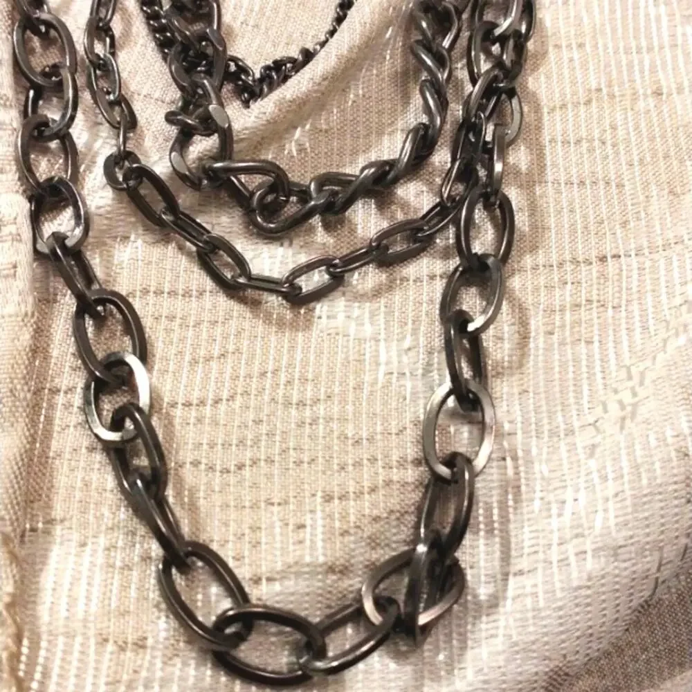 70s Necklace Long Chain 4 Strand Gun Metal‎ Layered Hippie Gypsy Office Career